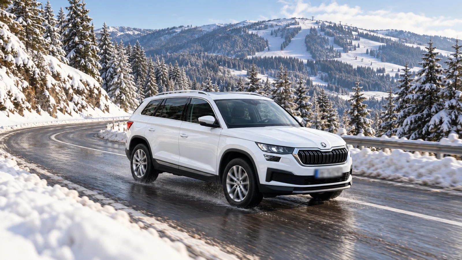Beli rent-a-car SUV na snežnom planinskom putu prema Kopaoniku