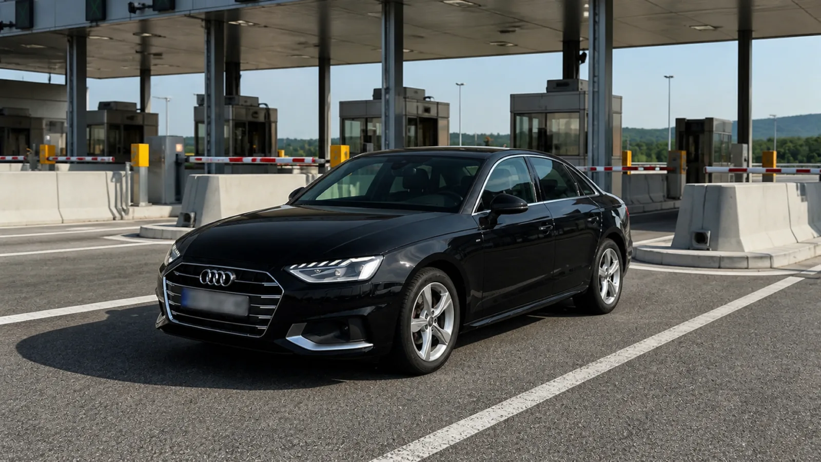 Автомобиль ZURO Cars перед пунктом оплаты на автомагистрали Сербии