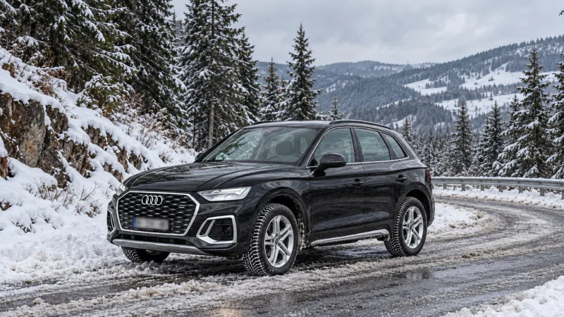 Crni rent-a-car SUV sa zimskim gumama na snežnom planinskom putu u Srbiji